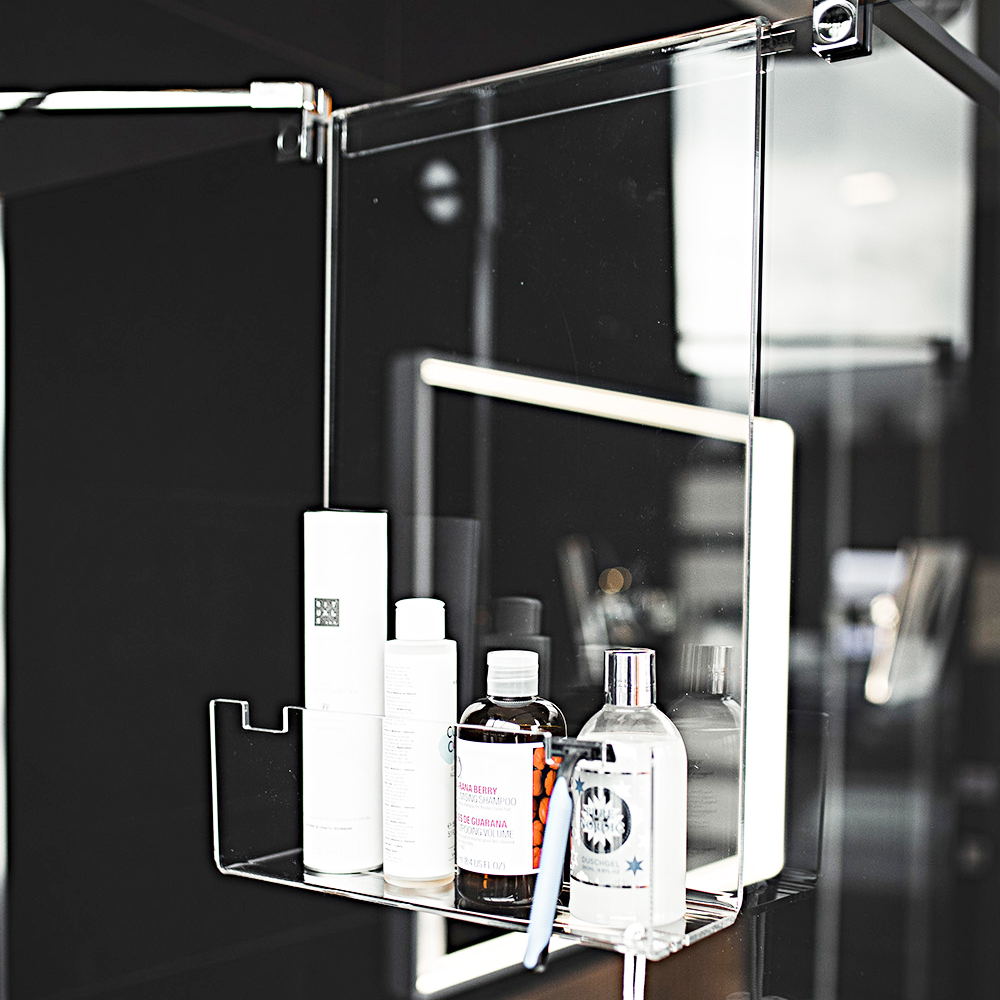 Elegantes, hochwertiges Plexiglas Duschregal, zum Einhängen an der Duschscheibe transparent
